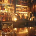 A glass of whiskey on the background of a bar