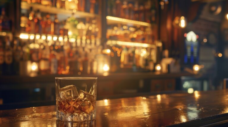 A glass of whiskey on the background of a bar